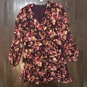 Express Women's Maroon Floral Print Ruched Wrap Ruffle Dress